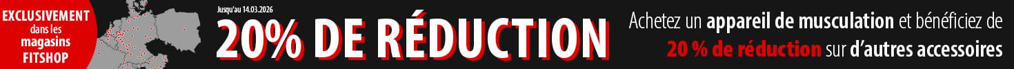"Une bannière publicitaire avec un magasin Fitshop en arrière-plan. Il est écrit : 
«Jusqu'au 14.03.2026. 20 % de réduction. Achetez un appareil de musculation et bénéficiez
 de 20 % de réduction sur des accessoires supplémentaires. Exclusivement dans les 
magasins Fitshop. » À titre d’exemple, une image montre un ensemble composé d’une station
 de musculation, d’un banc de musculation et d’un disque de musculation."