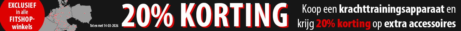 "Een reclamebanner met een Fitshop-winkel op de achtergrond. 
De tekst luidt: ""Tot en met 14-03-2026. 20% korting"". Koop een krachttrainingsapparaat en krijg 20% ​​korting op extra accessoires.
Exclusief in alle Fitshop-winkels."" Productafbeeldingen van een krachtstation, een halterbank en een halterschijf dienen als voorbeeld van de set.

"