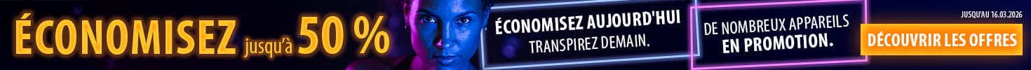 "Bannière promotionnelle aux couleurs néon sur un fond sombre. Au centre, une personne tient un haltère. À gauche et à droite, le texte ""Économisez aujourd'hui. Transpirez demain. De nombreux appareils en  promotion. Économisez jusqu'à 50%. Jusqu'au  16.03.2026. Découvrir les offres."""