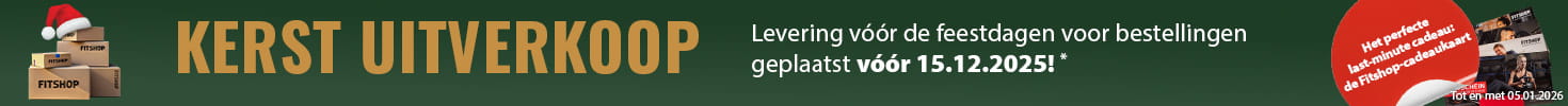 Een reclamebanner met kerstthema op een groene achtergrond en een lichtsnoer bovenaan. Links staan ​​verschillende pakketten met het label “Fitshop”. Daarnaast staan ​​verschillende Fitshop-cadeaubonnen. In een rood tekstvak staat: “Het perfecte lastminutecadeau: de Fitshop cadeaukaart”. Rechts staat in hoofdletters het woord “Kerstuitverkoop”, gevolgd door de toevoeging “Levering vóór Kerstmis voor bestellingen geplaatst vóór 15.12.2025”.