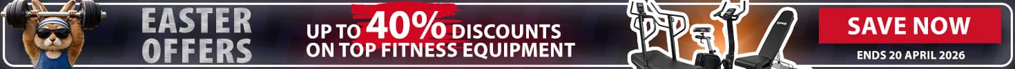 Ad banner with dark colors. In the center, an illustrated rabbit in workout clothes is shown lifting a barbell overhead. To the left, the texts read: “Easter Offers. Up to 40% discounts on top fitness equipment.” To the right, there are three pieces of fitness equipment, and the text reads: “Save now. Ends 20 April 2026.”